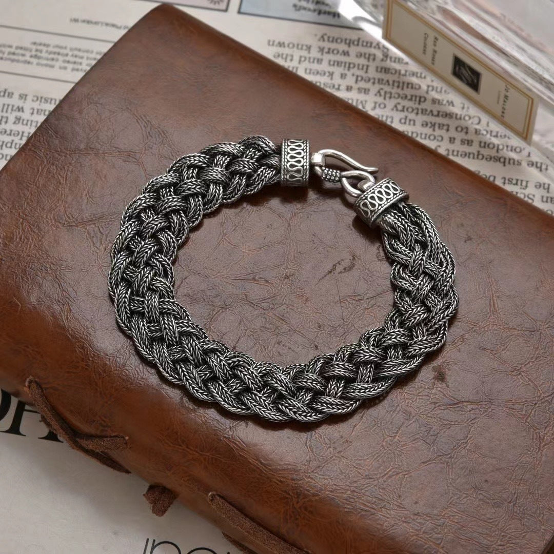 S925 Sterling Silver Men's Vintage Hand-woven Double Braid Three-strand Horse Tail Bracelet