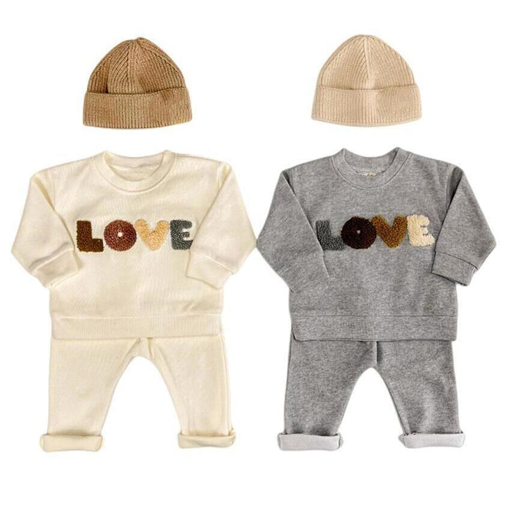 Kinderbekleidung Jungen Pulloveranzug Beige Colored Woll Material Liebes Handtuch Stickerei Baby Kleidung zwei Stücke