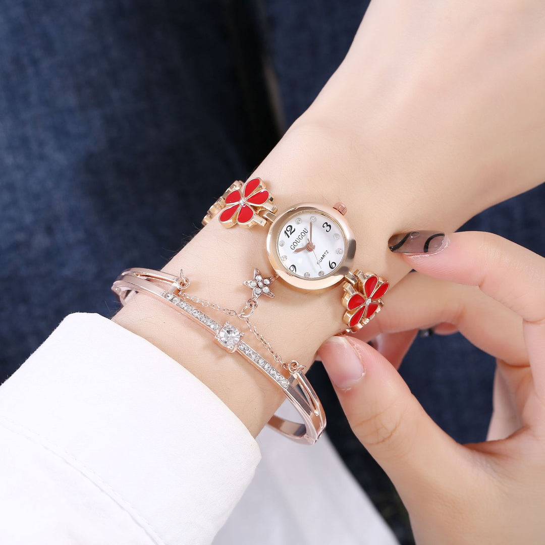 Set de brazalete de reloj de cuarzo estampado de pétalo de damas