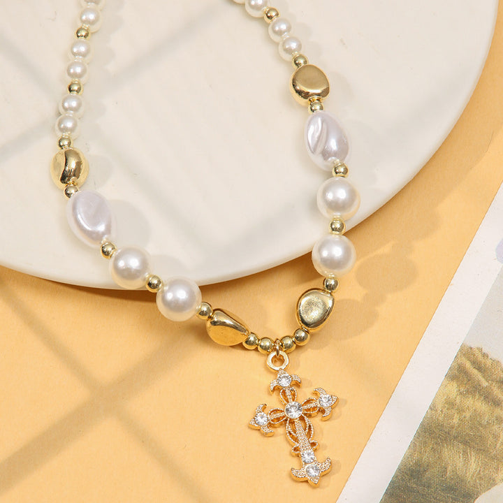 Vintage Cross Necklace Women's All-match Short Pearl Necklace