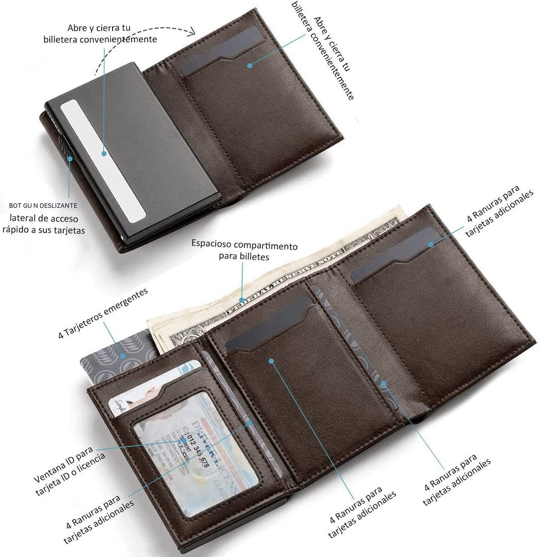 Kolfiber stor kapacitet automatisk aluminiumlåda Anti-stöld som sveper flera kortplatser Tri Fold Card Holder Wallet