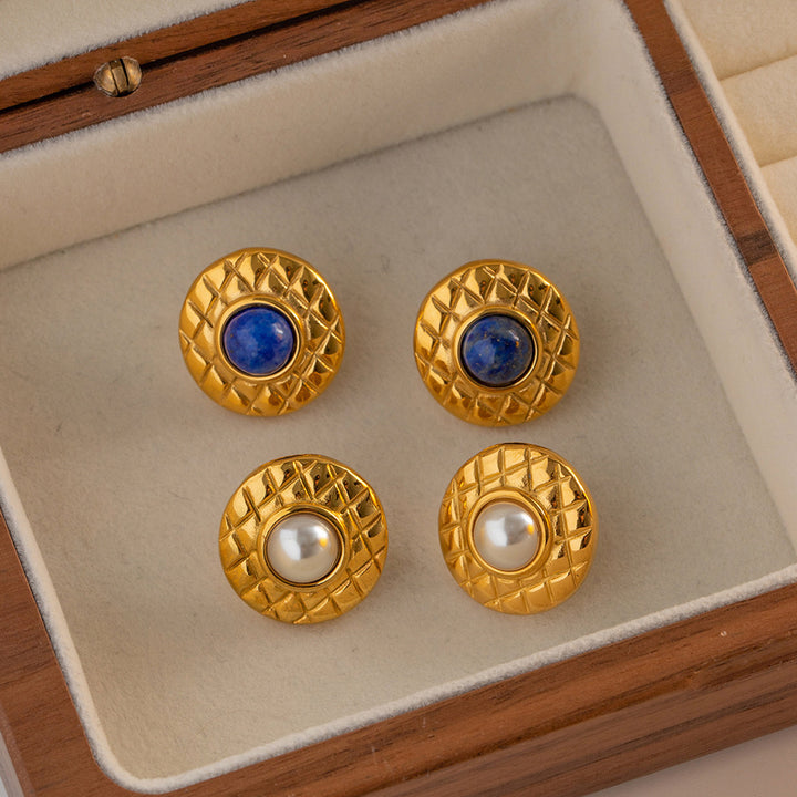 Retro Antique Style Minoritate Personalizată 18K Oțel inoxidabil Inlaid Cercei lapis lazuli Pearl