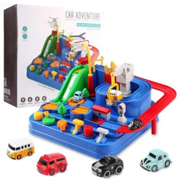 Carros passam por Big Adventure Parking Lot Rail Car Trilha de carro Kids Toy