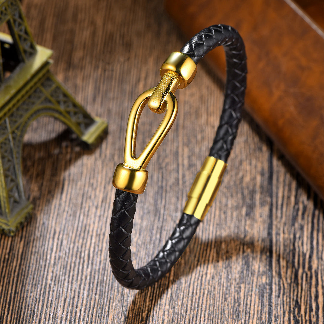 Simple Men's Titanium Steel Woven Leather Bracelet