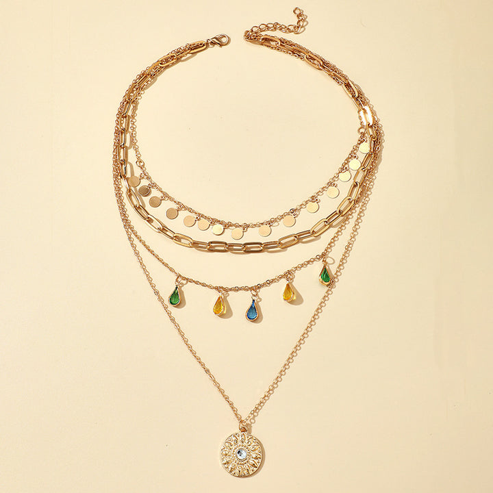 Alloy Clasp Rhinestone Tassel Concave Convex Circular Pendant 4-layer Necklace