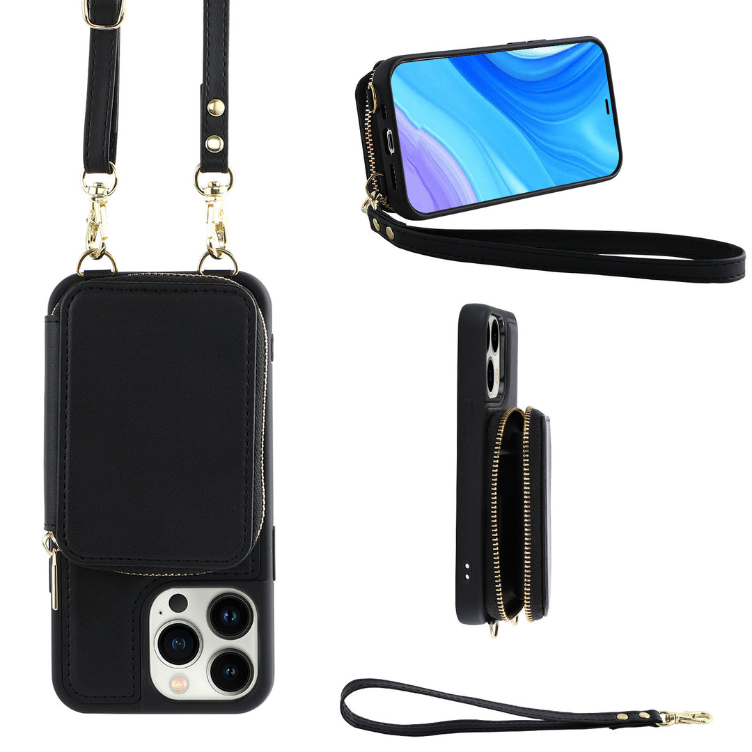 IPhone14pro Téléphone Boîte à bandoulière Zipper Zipper Multifinection Carte Portefeuille Type de portefeuille applicable Case de cuir protectrice applicable