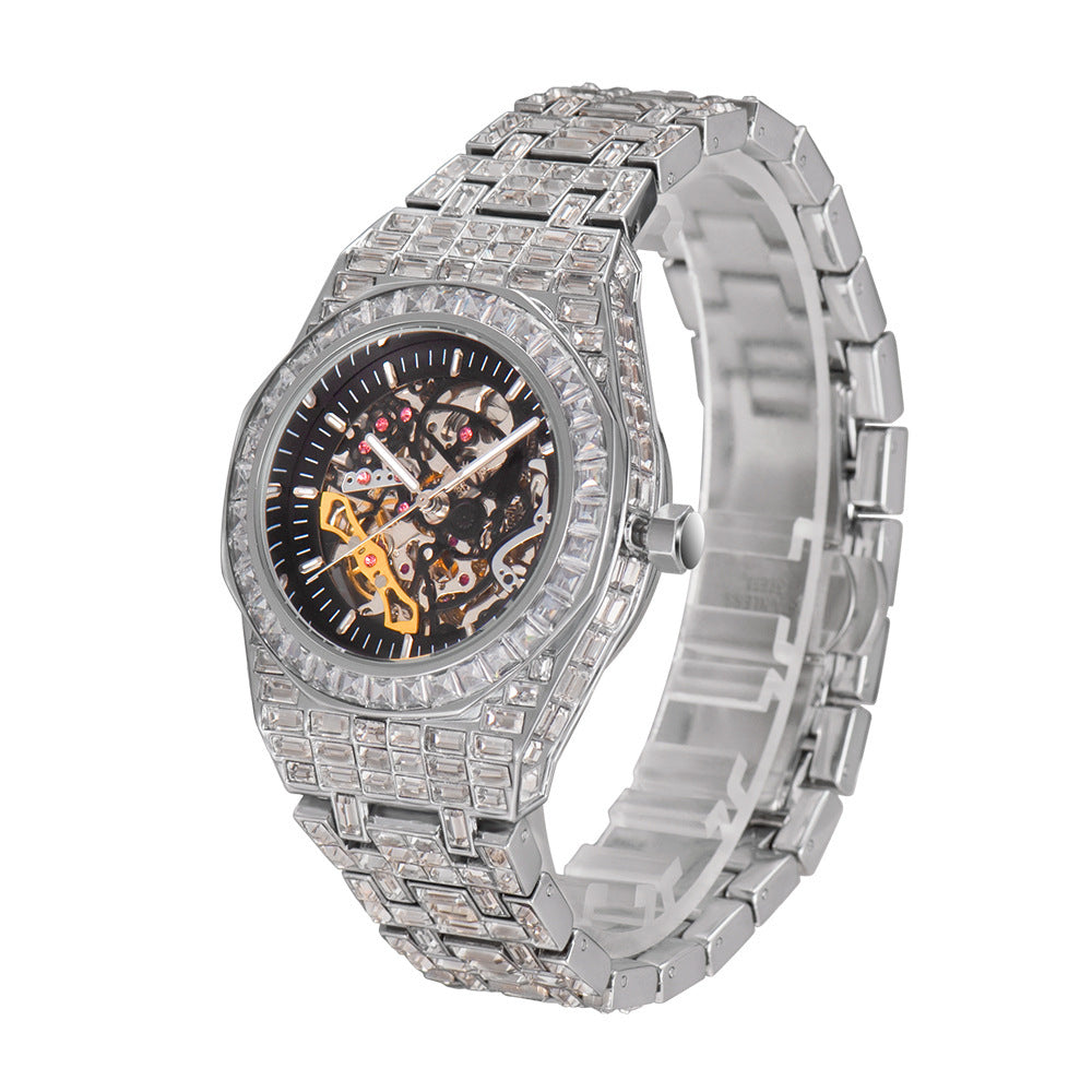 Hiphop vol vierkante diamant lichtgevende holle mechanisch horloge