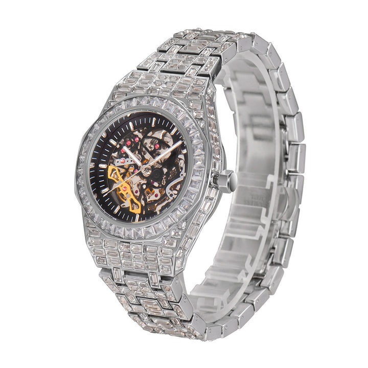 Hip Hop Full Square Diamond Luminous Hold Mechanical Watch