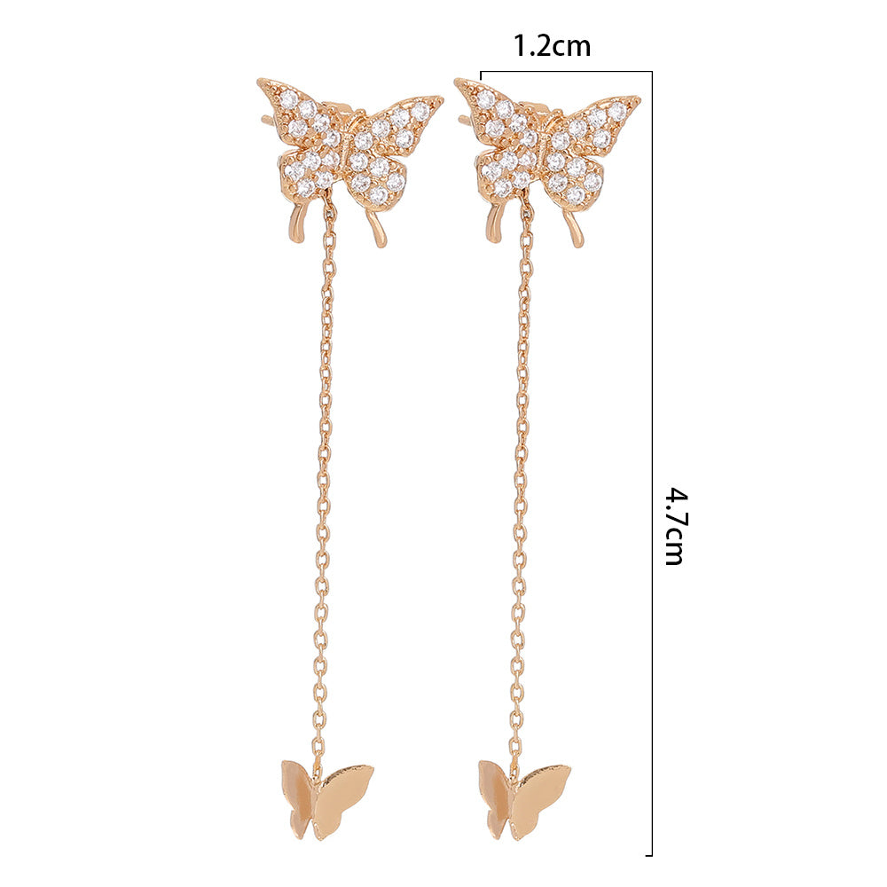 Butterfly Copper Micro Set Zircon Tassel Ear Line Femininity Senior Sense Long Tassel Face Thin Delicate Earrings