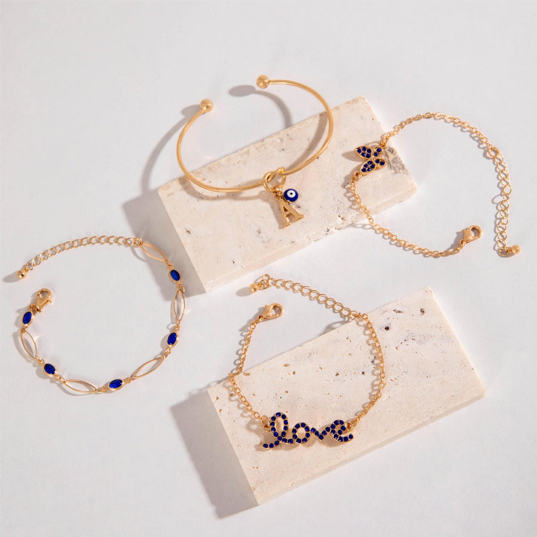 4pcs Blue Flower Love Butterfly Bracelet Ensemble avec des strass de conception de la Saint-Valentin