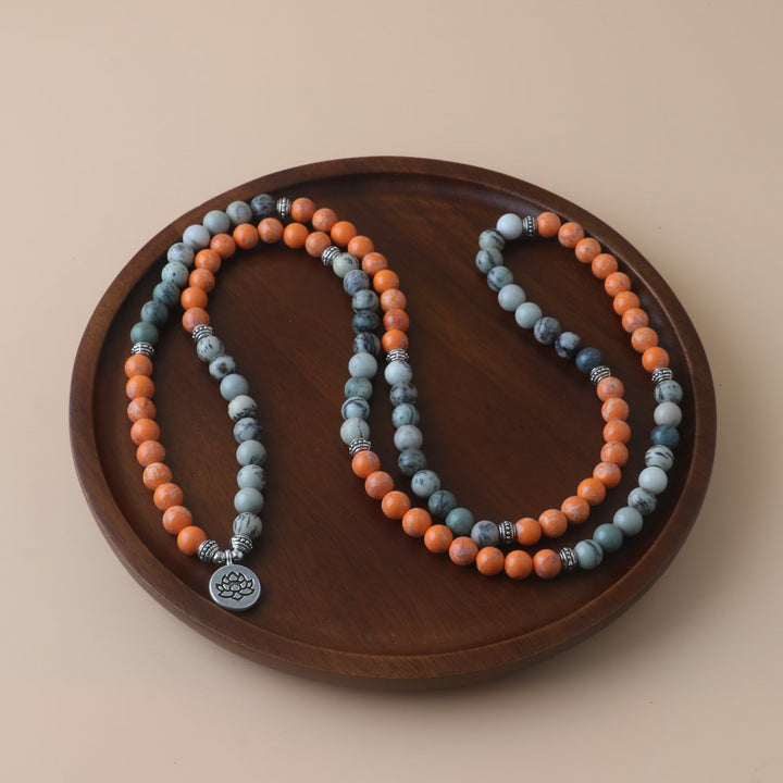 Natural Stone 108 PCs Rosary Bracelet Necklace Lotus Pendant