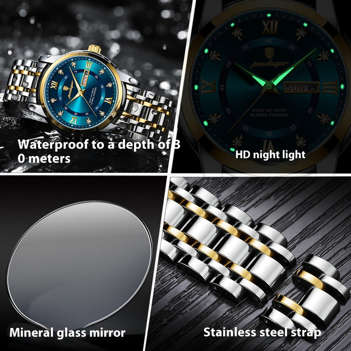 Montre à quartz lumineux à double calendrier pour hommes étanche