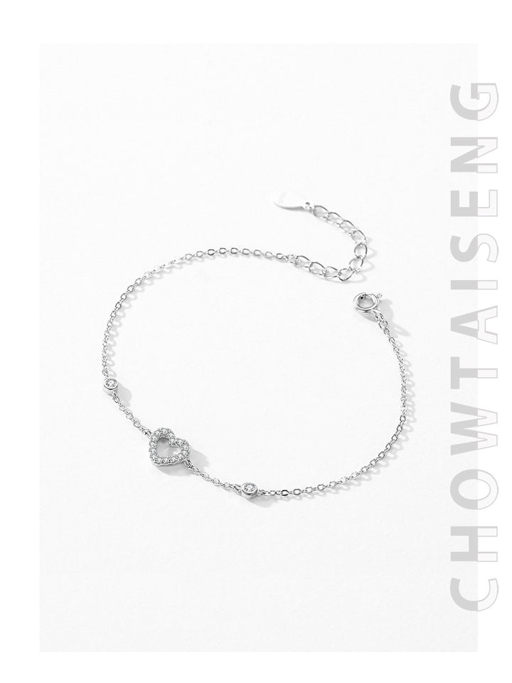 S925 Loving Heart In Sterling Silver Hollow Micro Rhinestone Bracelet