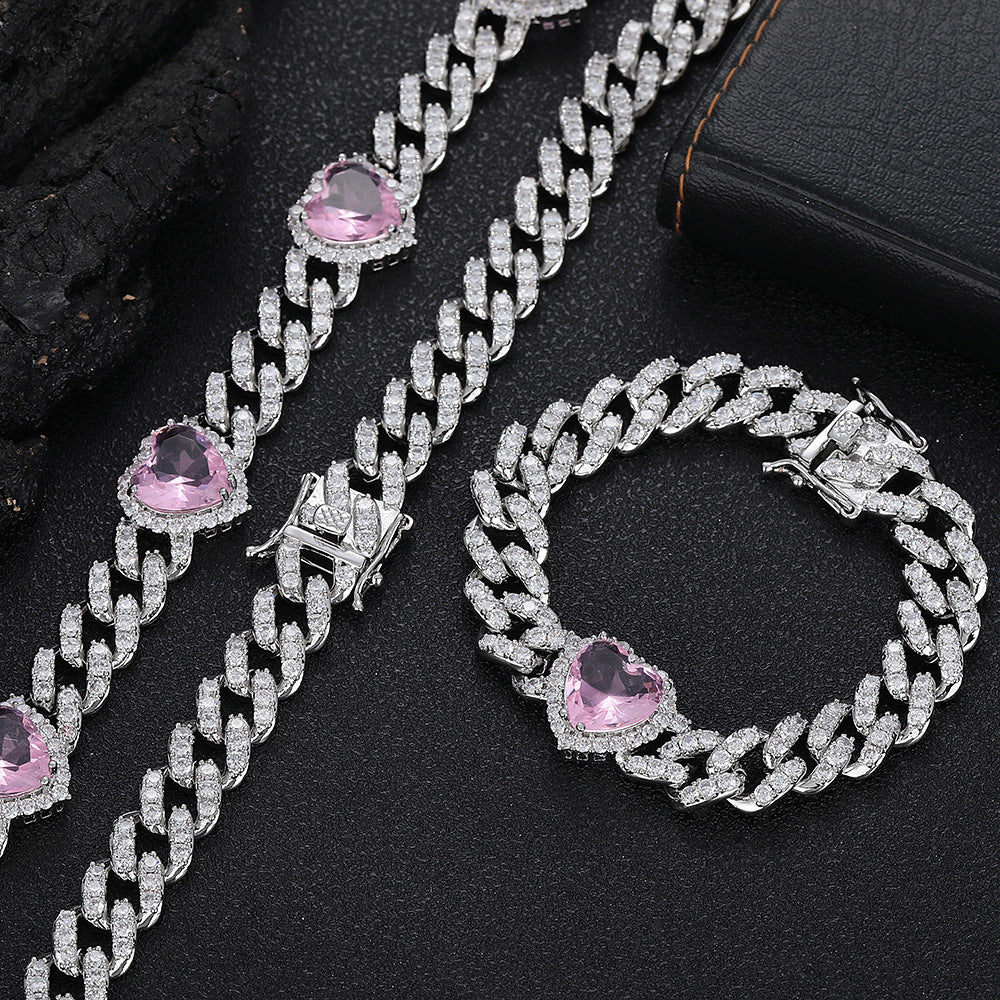 Love Collana femminile della catena di collegamenti cubani zircani rosa