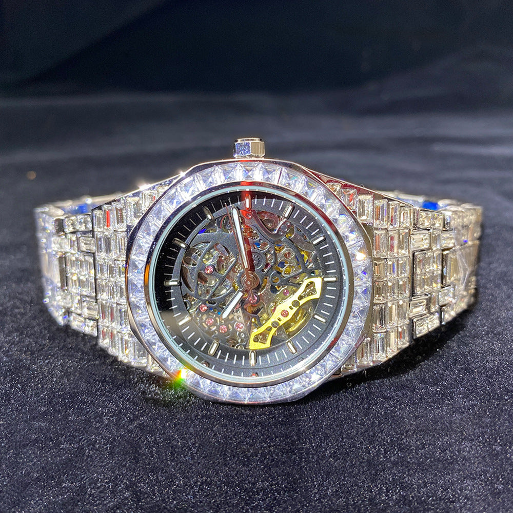 Hip Hop Full Square Diamond Luminous Hold Mechanical Watch