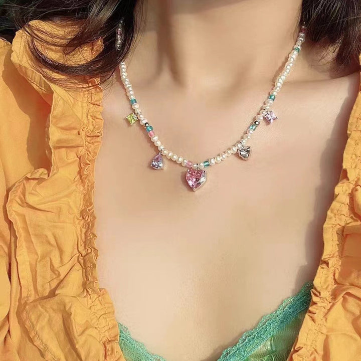Zircon Love Pendant Pearl Necklace