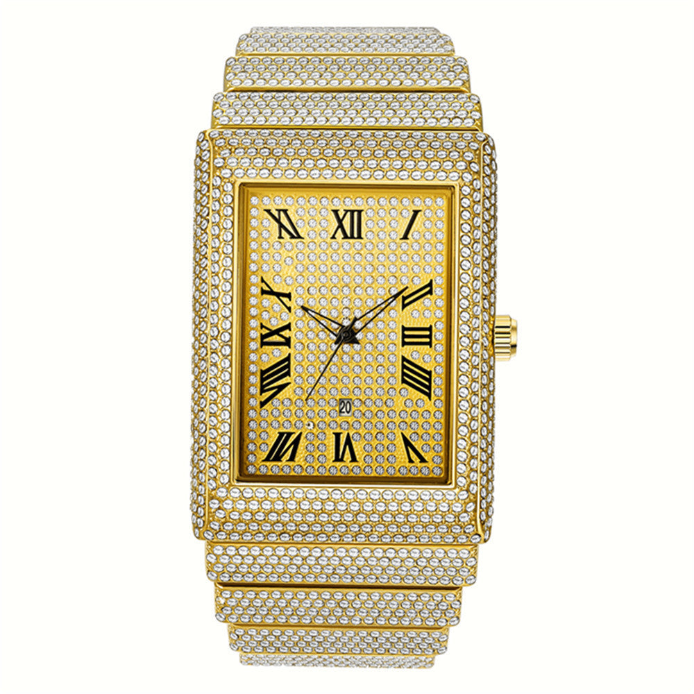 Diamond-embedded Giant Shining Starry Golden Calendar Quartz Watch