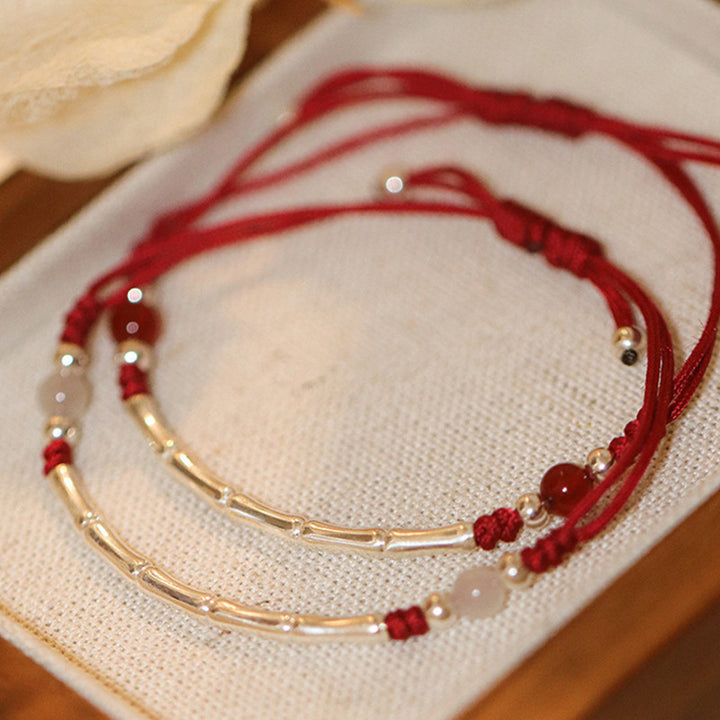 Women's Sterling Silver Bamboo Braided Red Rope Bracelet