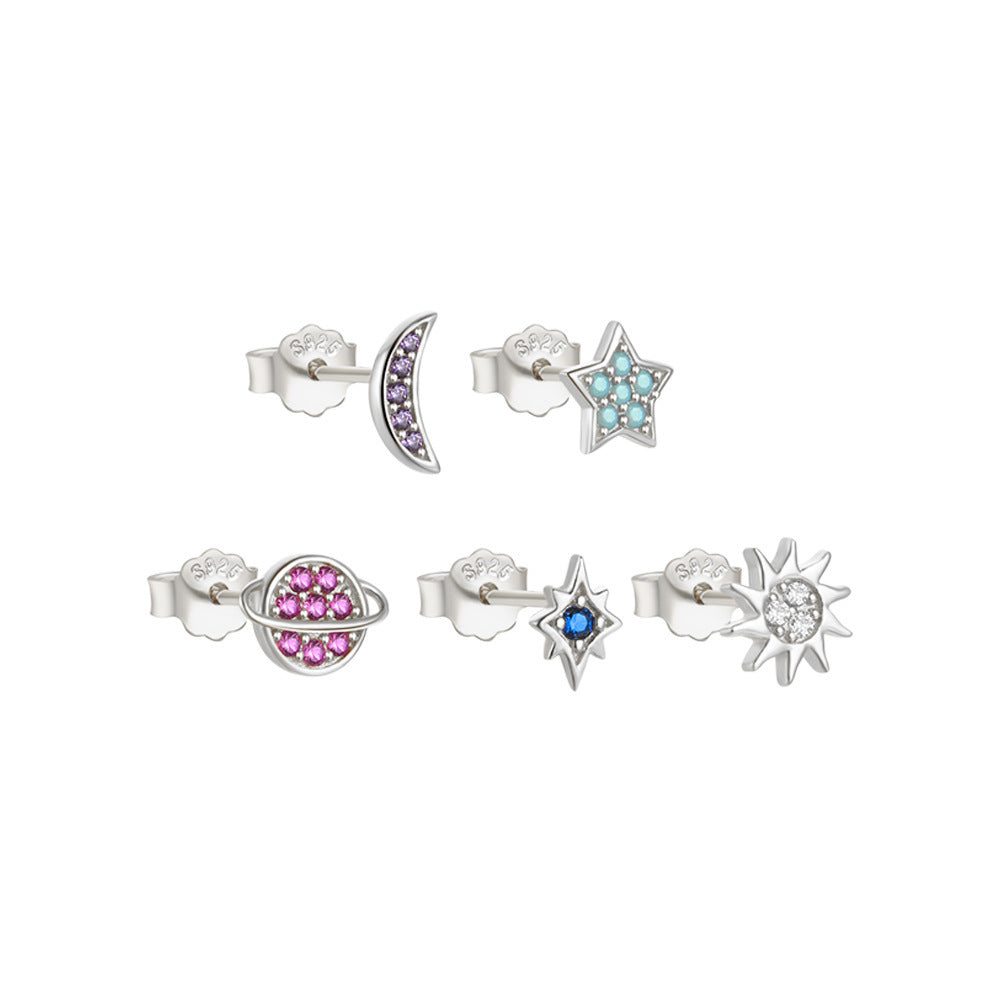 Mode S925 Sterling Silver Star Moon Color Diamond Earrings 5-Piece Set