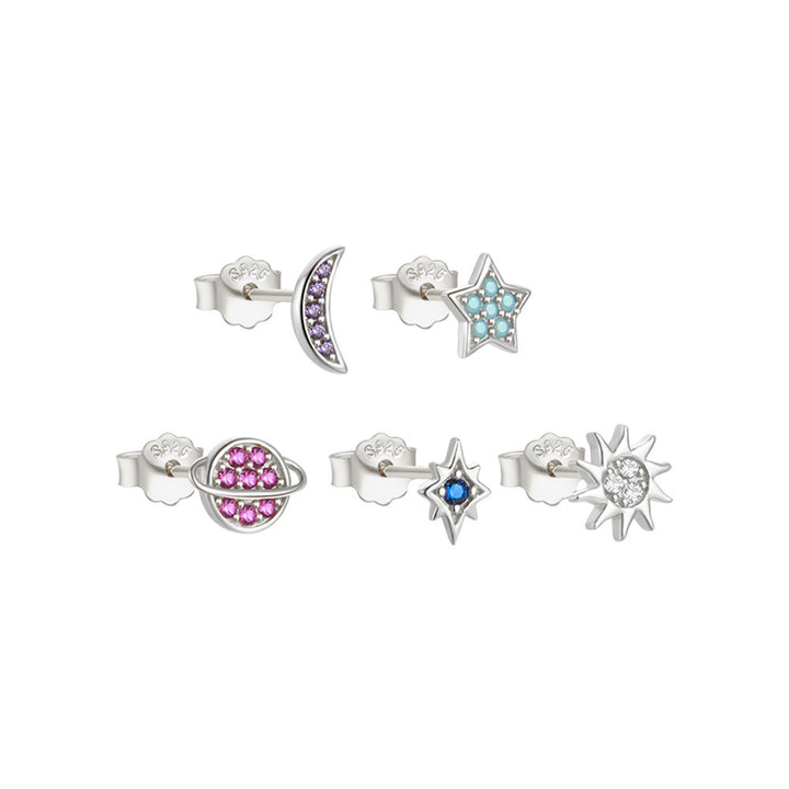 Fashion S925 Sterling Silver Star Moon Color Diamond Earrings 5-piece Set