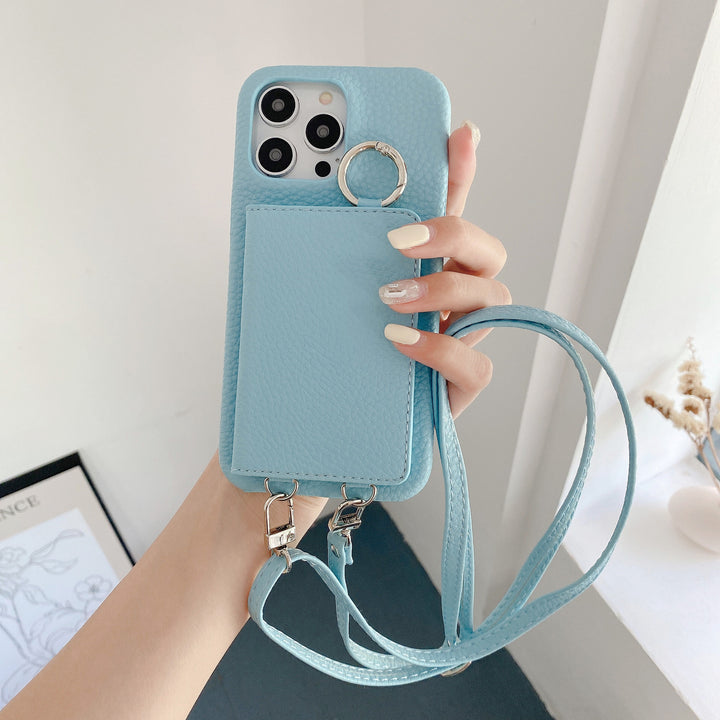 Lychee Pattern Left And Right Open Beauty Mirror Lanyard Phone Case