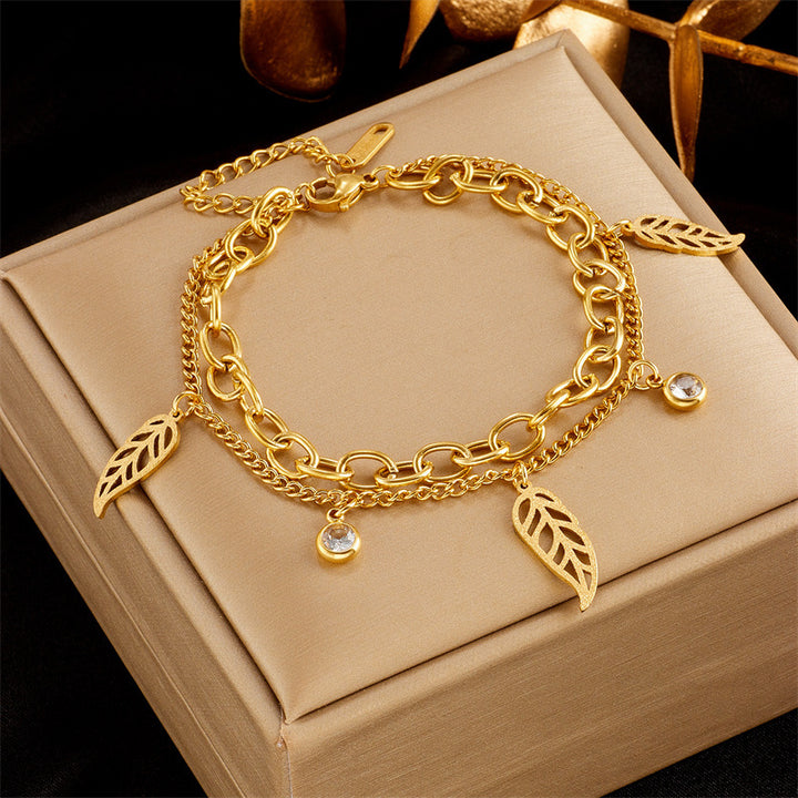 Women's Simple Fashion Special-interest Titanium Steel Metal Double Layer Twin Leaf Diamond Bracelet