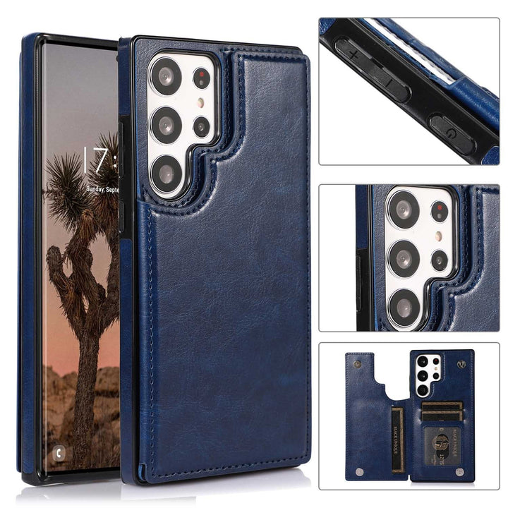Solid Color Double Buckle Crazy Horse Pattern Leather Phone Case