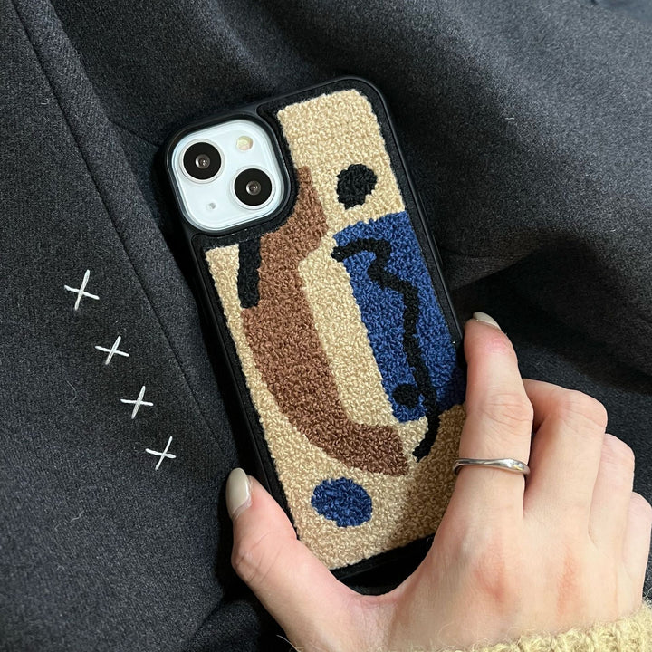 Plush Embroidered Brown Geometric Phone Case
