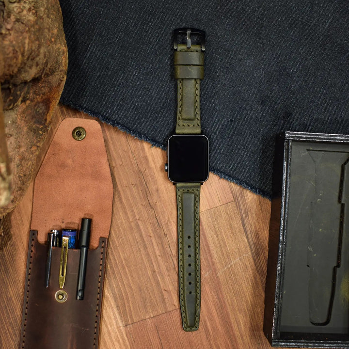 Apple Watch 9 41 mm Corcha de banda de cuero hecha a mano verde oscuro