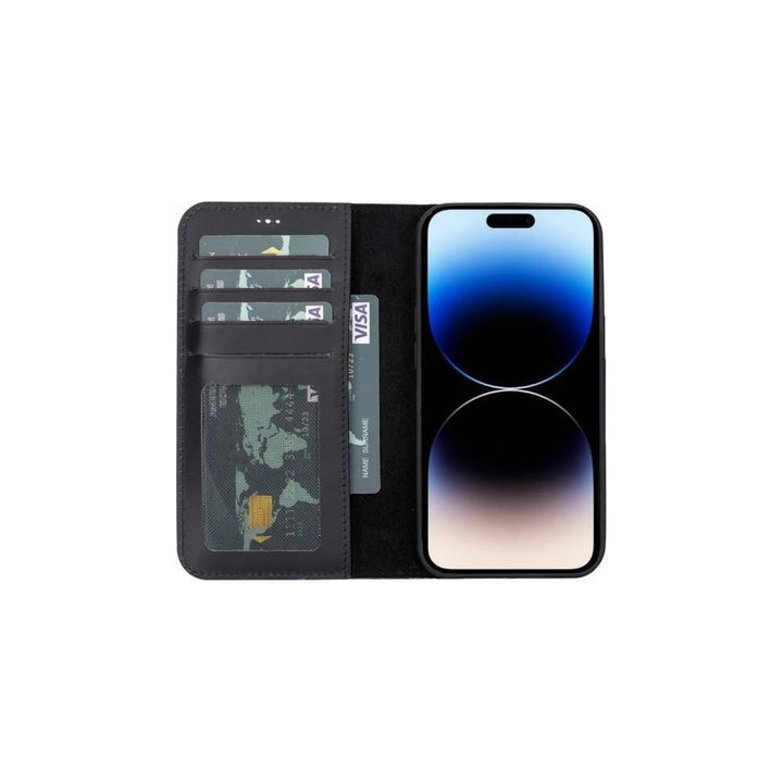Apple iPhone 15 Hülle Echtleder-Brieftasche mit verstecktem Magnet