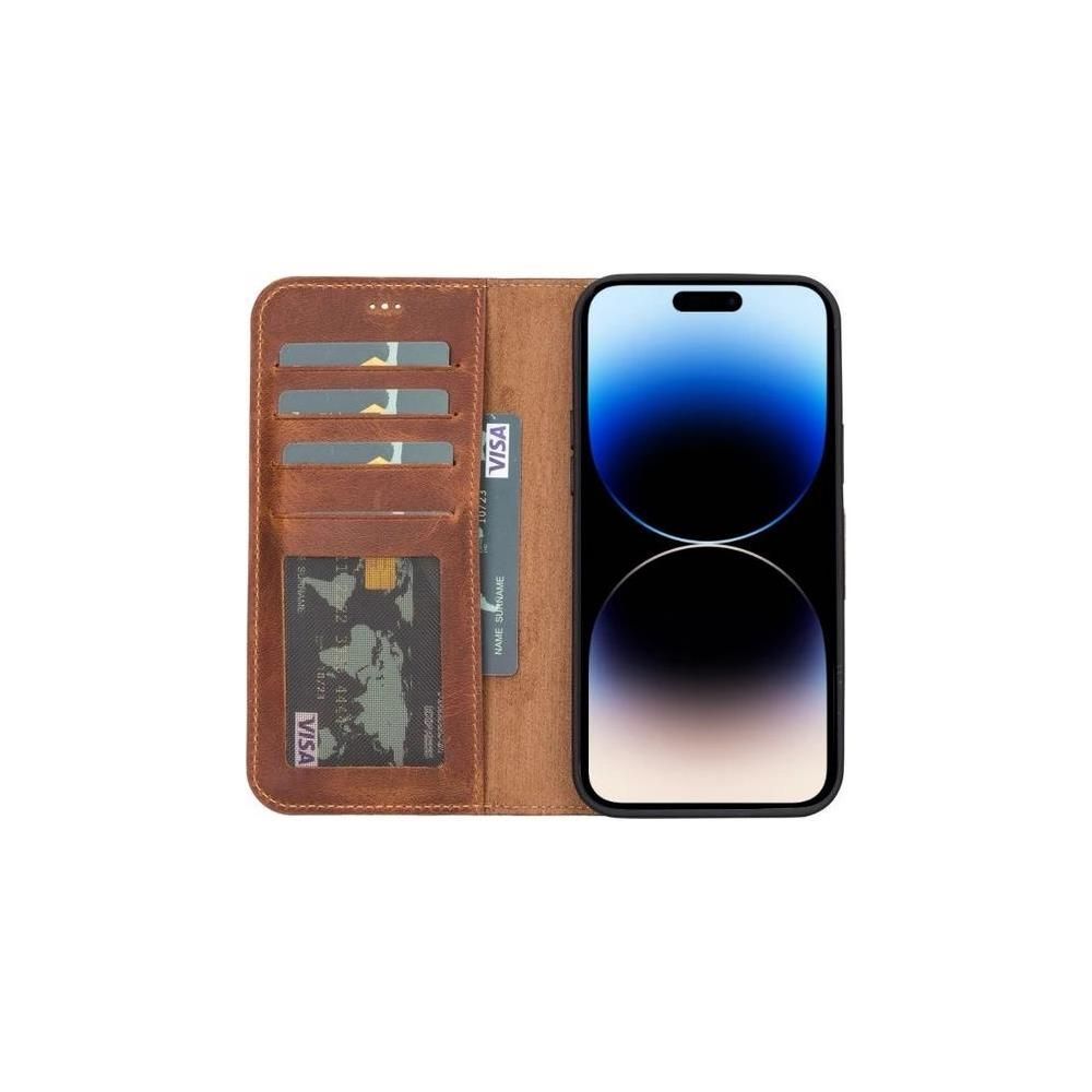 Apple iPhone 15 Case Echt lederen portemonnee met verborgen magneet